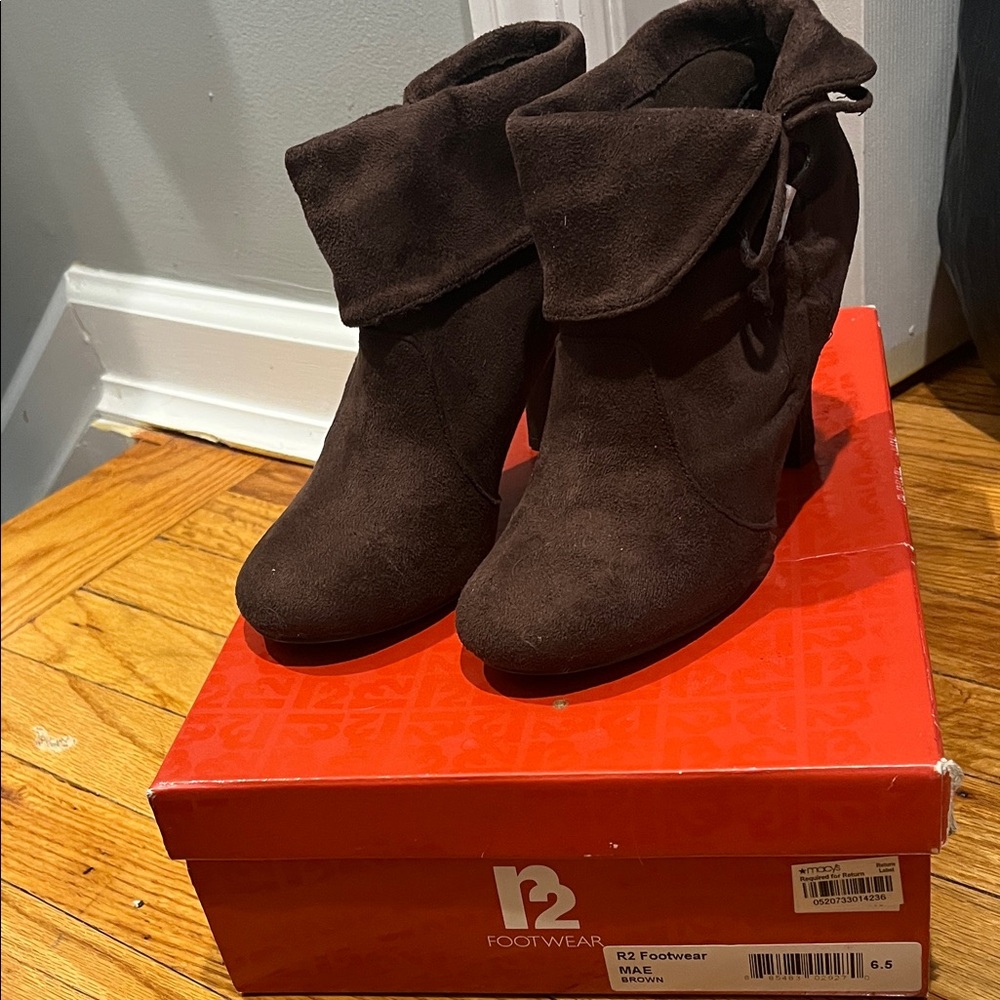 Macy's Brown Suede Fold-Over Ankle Boots with Side Bow Detail